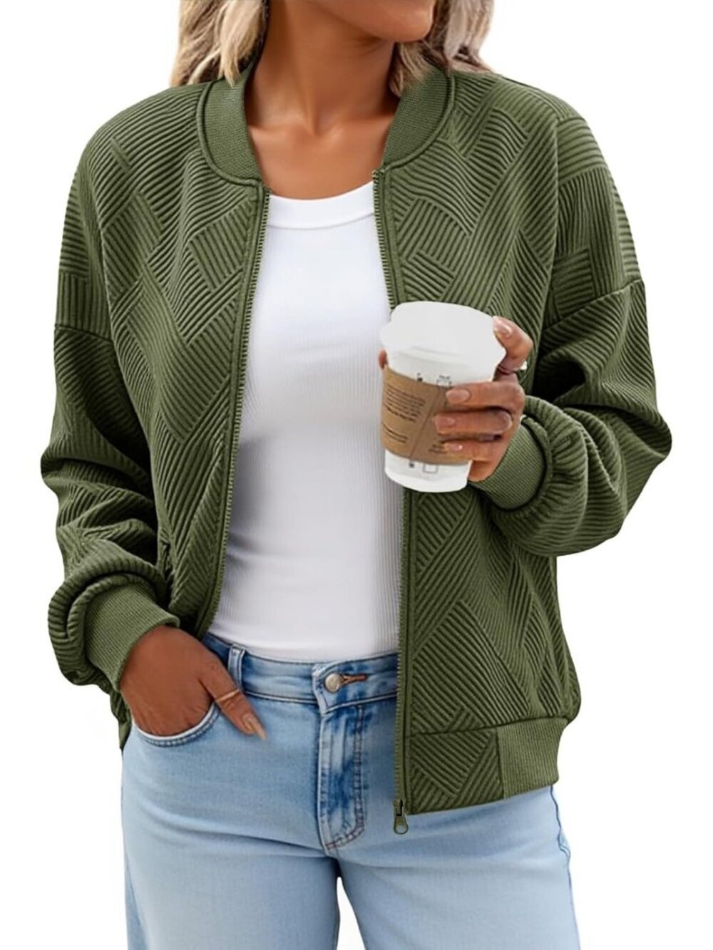 Women's Green Bomber Jacket Trendy Casual Lightweight Zip Up Jacket with Pockets